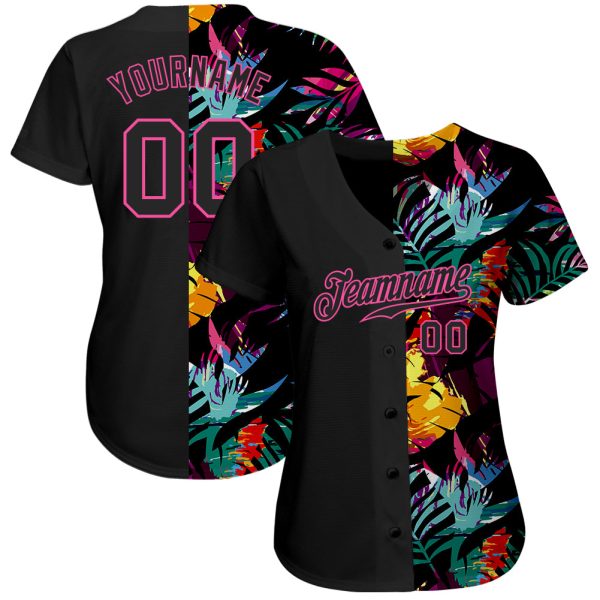 Custom Black Black-Pink 3D Pattern Design Tropical Palm Leaves Authentic Baseball Jersey - Image 2