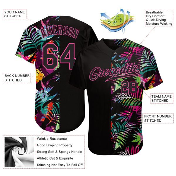 Custom Black Black-Pink 3D Pattern Design Tropical Palm Leaves Authentic Baseball Jersey - Image 3