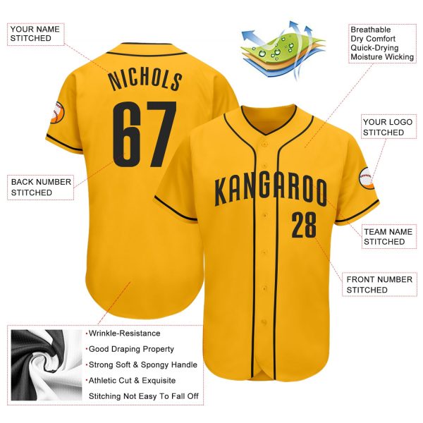 Custom Gold Black Authentic Baseball Jersey - Image 3