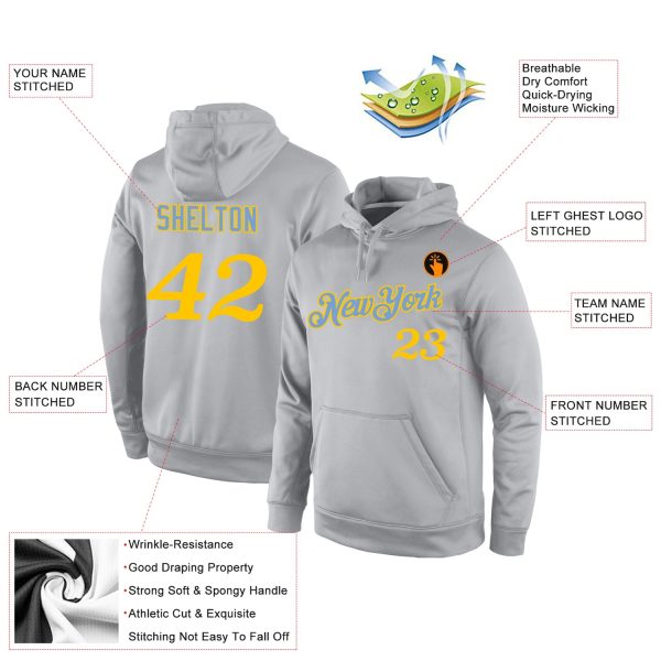 Custom Stitched Gray Gold Sports Pullover Sweatshirt Hoodie - Image 4