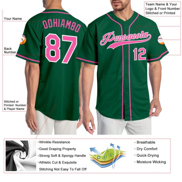 Custom Kelly Green Pink-White Authentic Baseball Jersey - Image 3