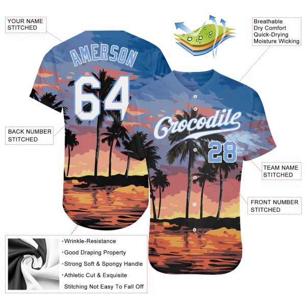 Custom Light Blue White-Light Blue 3D Pattern Design Palm Trees Authentic Baseball Jersey - Image 4