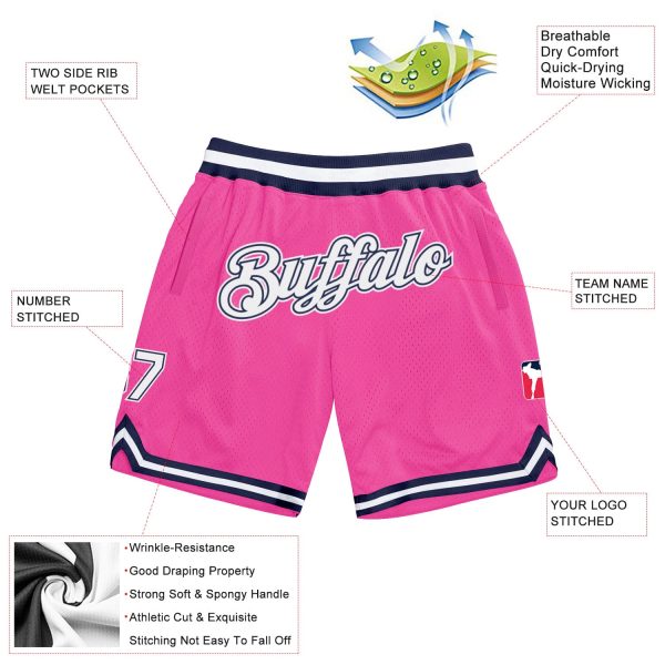 Custom Pink White-Navy Authentic Throwback Basketball Shorts - Image 2