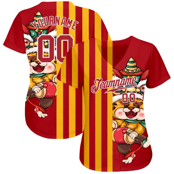 Custom Red Red-White 3D Pattern Design Cute Tiger Authentic Baseball Jersey - Image 2