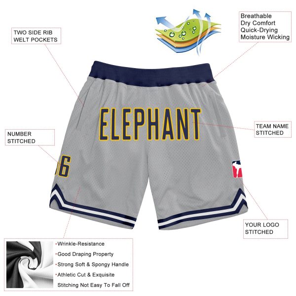 Custom Gray Navy-Gold Authentic Throwback Basketball Shorts - Image 2