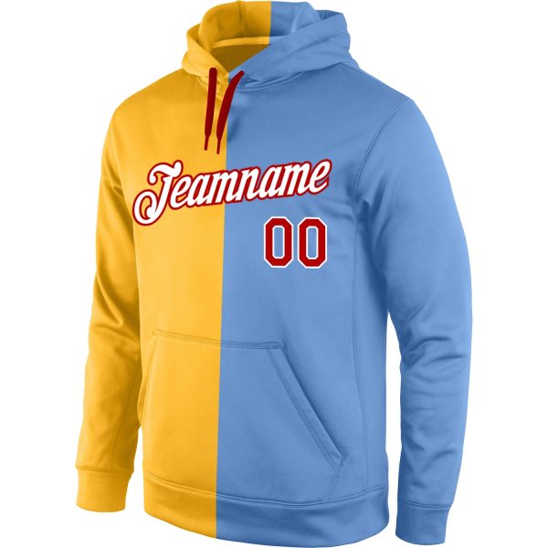 Custom Stitched Gold Red-Light Blue Split Fashion Sports Pullover Sweatshirt Hoodie - Image 2