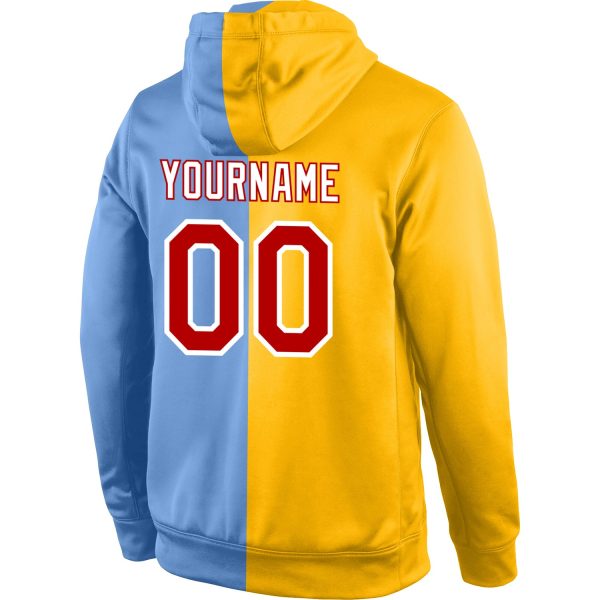 Custom Stitched Gold Red-Light Blue Split Fashion Sports Pullover Sweatshirt Hoodie - Image 3