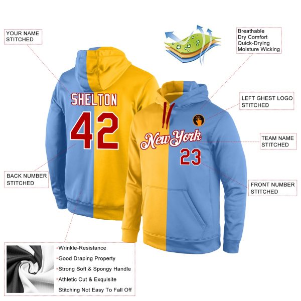Custom Stitched Gold Red-Light Blue Split Fashion Sports Pullover Sweatshirt Hoodie - Image 4