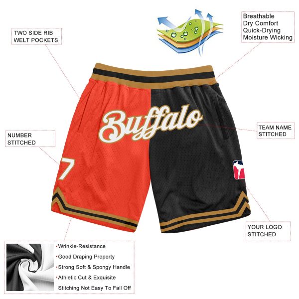 Custom Orange White-Black Authentic Throwback Split Fashion Basketball Shorts - Image 2