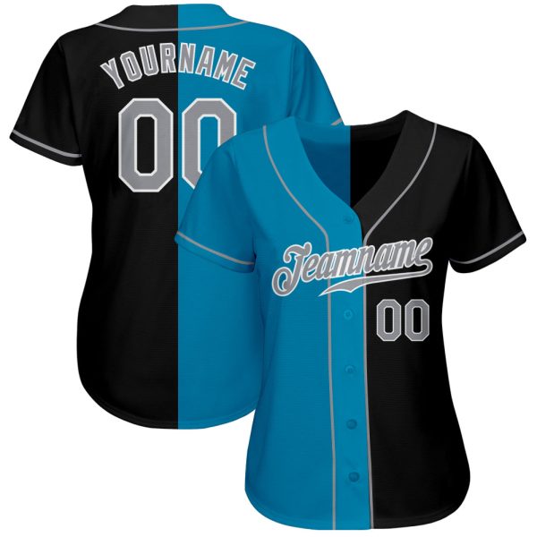 Custom Black Gray-Panther Blue Authentic Split Fashion Baseball Jersey - Image 2