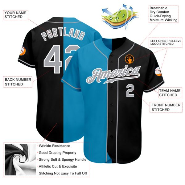 Custom Black Gray-Panther Blue Authentic Split Fashion Baseball Jersey - Image 3