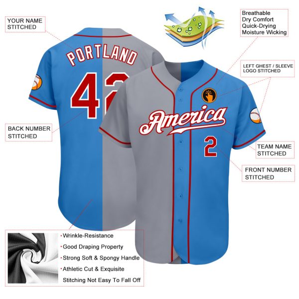 Custom Powder Blue Red-Gray Authentic Split Fashion Baseball Jersey - Image 3