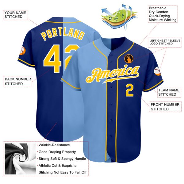 Custom Royal Gold-Light Blue Authentic Split Fashion Baseball Jersey - Image 3