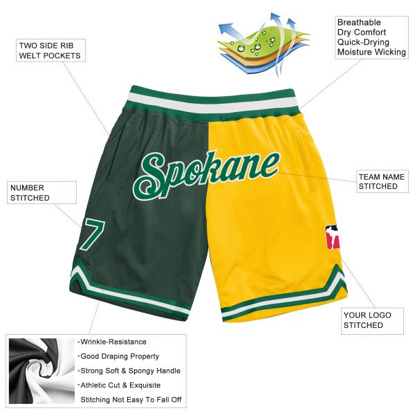 Custom Hunter Green Kelly Green-Gold Authentic Throwback Split Fashion Basketball Shorts - Image 2