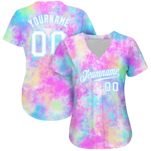 Custom Tie Dye White-Light Blue 3D Watercolor Gradient Authentic Baseball Jersey - Image 2