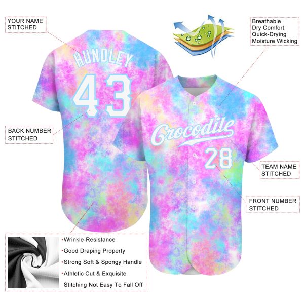 Custom Tie Dye White-Light Blue 3D Watercolor Gradient Authentic Baseball Jersey - Image 3