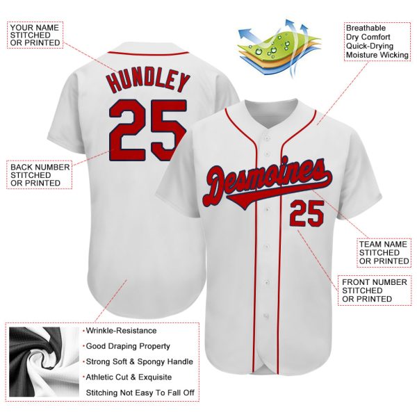 Custom White Red-Navy Authentic Baseball Jersey - Image 3