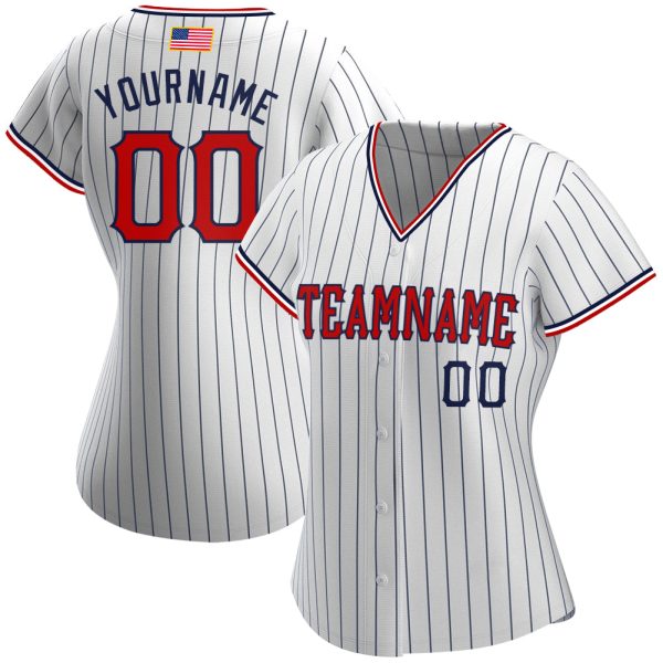 Custom White Navy Pinstripe Red-Navy Authentic American Flag Fashion Baseball Jersey - Image 2