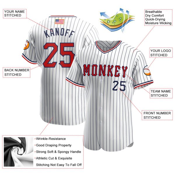 Custom White Navy Pinstripe Red-Navy Authentic American Flag Fashion Baseball Jersey - Image 3