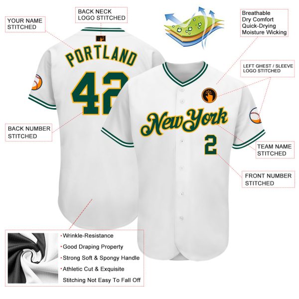 Custom White Green-Gold Authentic Baseball Jersey - Image 3