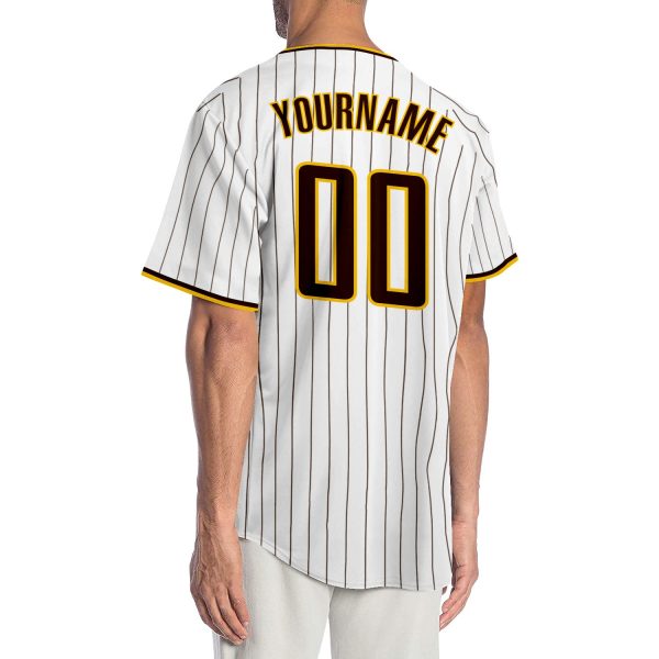 Custom White Brown Pinstripe Brown-Gold Authentic Baseball Jersey - Image 2