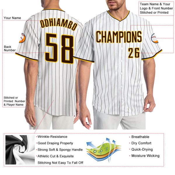 Custom White Brown Pinstripe Brown-Gold Authentic Baseball Jersey - Image 3