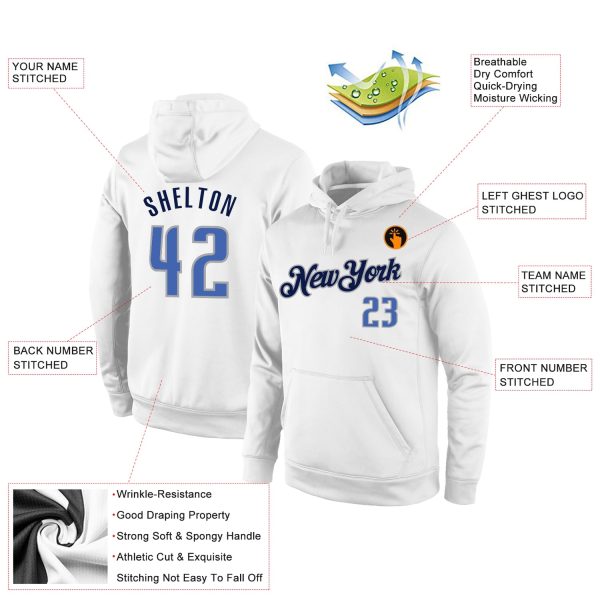 Custom Stitched White Blue-Navy Sports Pullover Sweatshirt Hoodie - Image 2